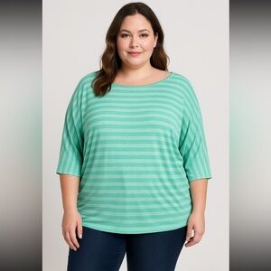J Mode Women’s 1X Green Striped Dolman Sleeve Knit Top 3/4 Sleeve Casual Plus